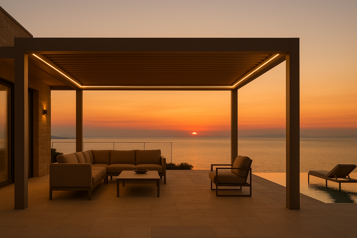 Πέργκολα σε παραθαλάσσια κατοικία με θέα θάλασσα στο ηλιοβασίλεμα KOKONAS