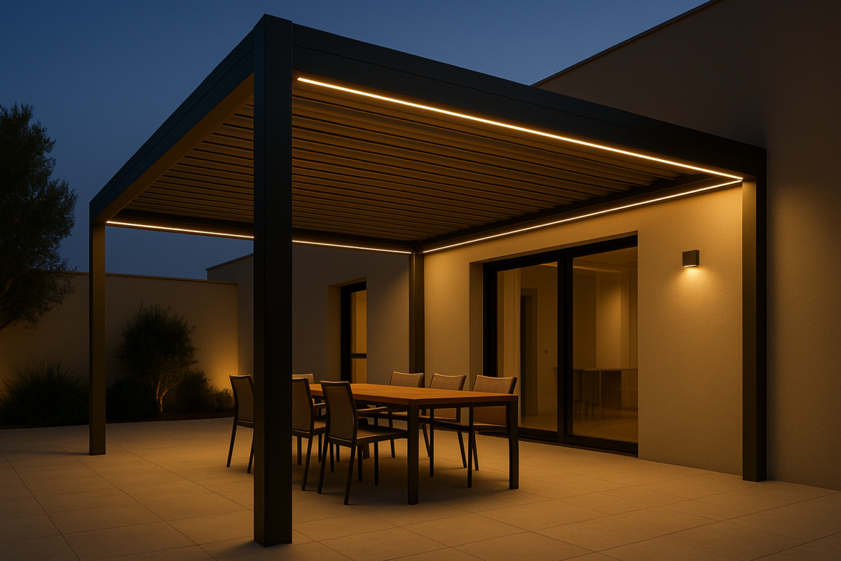 Σύγχρονη πέργκολα με εξωτερική τραπεζαρία και LED φωτισμό KOKONAS